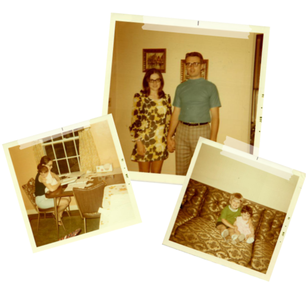 From left to right. Photo of Mrs. Gleim holding Lorie as she writes. Photo of Dr. Gleim and Mrs. Gleim. Photo of Larry and Lorie.