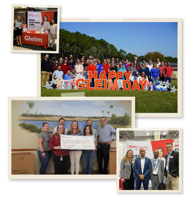 Collage of images featuring Gleim employees engaging in various activities. Top left: Two employees holding a promotional banner at an event. Top right: A large group of employees gathered outdoors around balloons spelling 'Happy Gleim Day'. Bottom left: A group of employees presenting a large charity check. Bottom right: Employees in a conference setting displaying Gleim educational products.