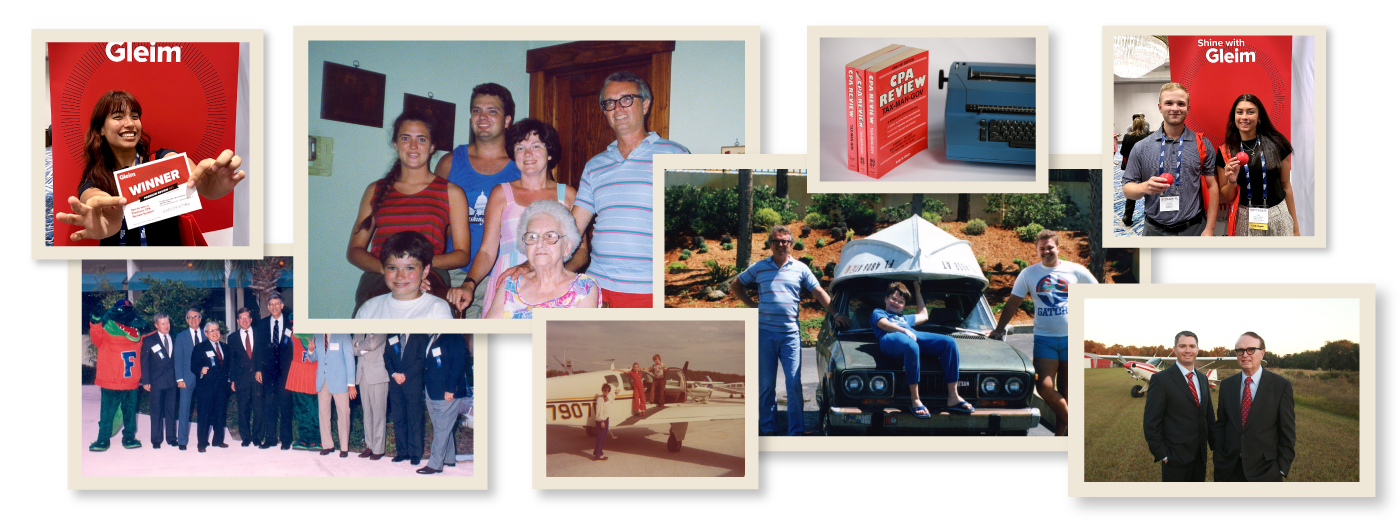 Collage of various images reflecting Gleim family moments, professional achievements, and personal interests. Included are photos of family gatherings, individuals posing with airplanes and cars, and professionals at events. Some images display educational products like books and branding with the logo 'Gleim', indicating a celebration of academic or professional success.