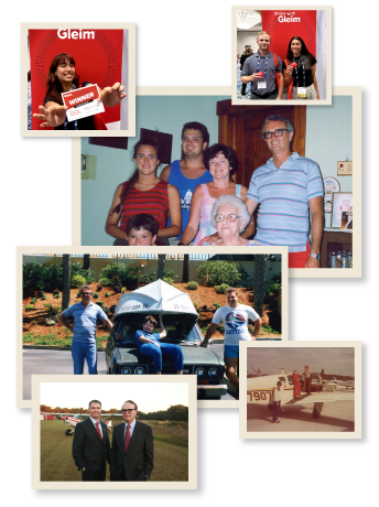 Collage of various images reflecting Gleim family moments, professional achievements, and personal interests. Included are photos of family gatherings, individuals posing with airplanes and cars, and professionals at events. Some images display educational products like books and branding with the logo 'Gleim', indicating a celebration of academic or professional success.